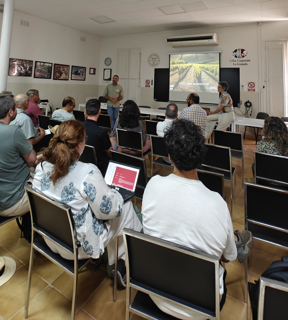 Presentació de Sergio Nicolau a la jornada sobre viticultura regenerativa del projecte REGEN a La Granada. Font: Gerard Gaya